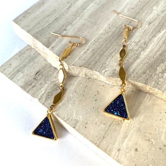 JPeace Designs Jewelry - Blue Druzy triangle Long Diamond Chain Earrings ~ NWT